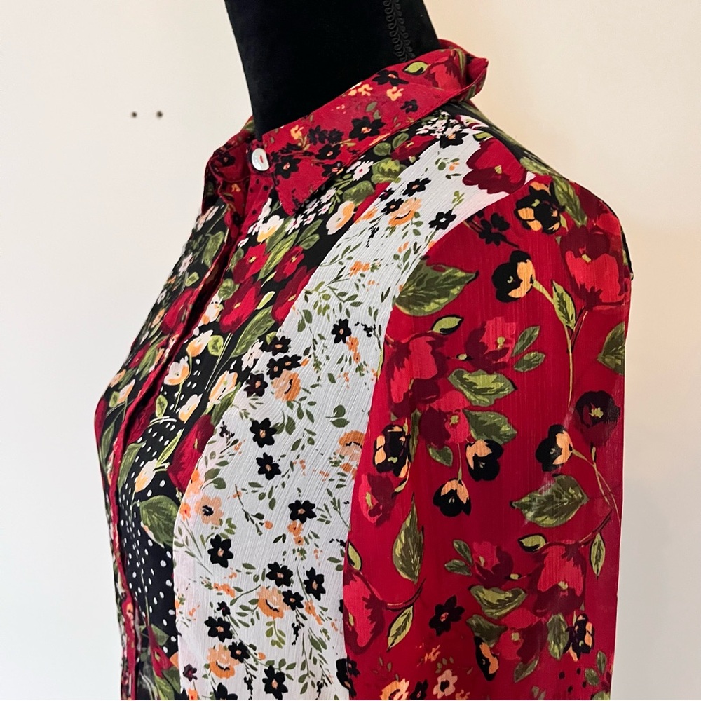HOPE SPRINGS Tunic Blouse Patchwork Top Floral Sheer Long Sleeve Size M - Picture 3 of 8